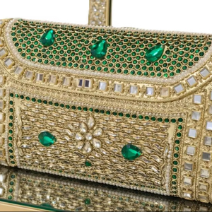 Green Brass Metal <b>Frame</b> Rectangle Pattern Pearl Rhinestone Embellished Bridal Clutch Magnetic Closure Satin Lining Gift - Product Image 1