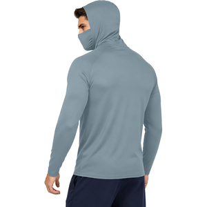 Nouveau T-shirt de pêche à manches longues pour homme avec protection solaire UPF 50, masque facial intégré, gris-bleu, personnalisable et étiquettes privées OEM - Product Image 3
