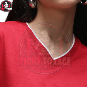 Camiseta de Algodón Ligero Premium para Mujer, Cuello en V, Personalizada, con Ribete en Contraste Rojo, Corte Regular, Manga Corta, Estilo Casual de Verano - Product Image 6