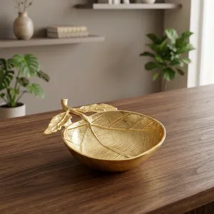Cuenco Redondo Dorado con Diseño de Hojas y Vetas, Cuenco Decorativo de Metal para Centro de Mesa, Decoración del Hogar - Product Image 5