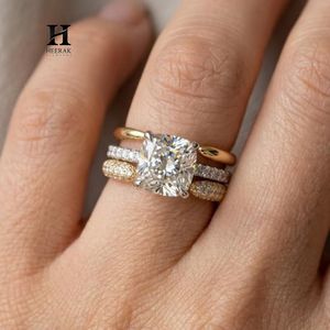 Luxury <b>Cushion</b> Cut Lab Grown Diamond Engagement <b>Ring</b> Set 3 Pieces Mixed Metal Yellow White Gold Bridal Stack - Product Image 6