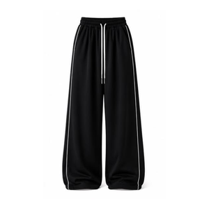 Pantalon de survêtement noir à jambes larges avec bande latérale, taille élastique et cordon de serrage, décontracté, en polyester tricoté pour l'automne - Product Image 1