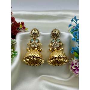 Indian Ethnic Brass Jhumka Earrings-Trendy Pearl & Diamond Kashmiri Jewellery - Product Image 4