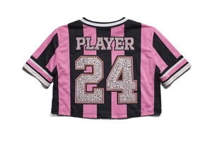 Maillot de football américain sexy pour femme, crop top rose et noir rayé, tendance, avec numéros en strass, uniforme d'équipe personnalisé, streetwear, OEM - Product Image 4
