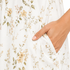 Robe midi pour femme en mousseline de coton à imprimé floral blanc, manches courtes, col en V, coupe ample, décontractée, été, avec poches - Product Image 4