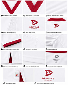 DRAVELLE T-shirt d'entraînement d'arts martiaux unisexe blanc à col en V avec bordure rouge, haut respirant en polyester - Product Image 5