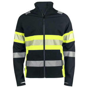 เสื้อแจ็คเก็ตผ้าฟลีซสำหรับผู้ชาย สีดำ-เหลือง แถบสะท้อนแสง ปิดด้วยซิป กันลม คอตั้ง สไตล์ชุดทำงาน - Product Image 1