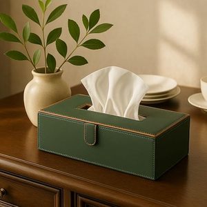 Caja de pañuelos de cuero, soporte para servilletas, soporte para pañuelos de papel para coche, cubierta rectangular moderna de cuero verde para caja de pañuelos - Product Image 2