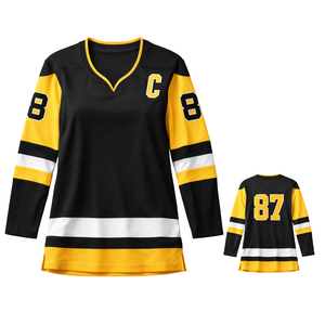Maillot de hockey sur glace pour femmes, noir et jaune, style équipe, respirant, chemise de hockey athlétique à manches longues, uniforme de hockey de performance - Product Image 1