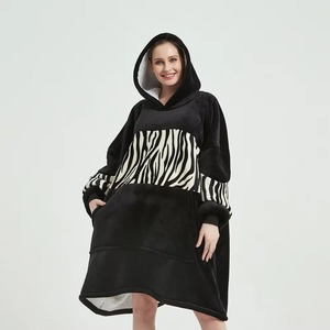 Black Zebra Wearable Blanket Hoodie Oversized Sherpa Fleece Hooded Blanket Unisex Giant Comfy Sweatshirt Winter Warm - Product Image 1