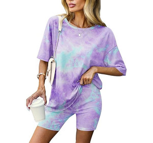 Women Tie Dye Striped 2 Piece Shorts Set O Neck Short Sleeve Loose Fit Casual Spring Summer Knitted Breathable Spandex Polyester - Product Image 4