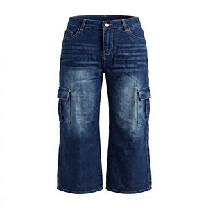 Women's <b>High</b> <b>Waist</b> Stonewashed Denim <b>Cargo</b> Pants Loose Fit Knee Length Casual Style Solid Color Cotton Fabric - Product Image 1