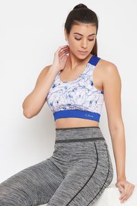Women's Blue White Abstract Print Racerback Sports Bra Scoop Neck Medium Support Yoga Activewear Top Contrast Binding Breathable - Product Image 5