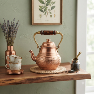 Samovar traditionnel en cuivre gravé à la main avec poignée en bois sculpté, vente en gros, théière de luxe pour la maison et les restaurants - Product Image 2