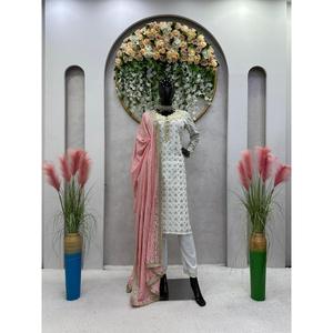 ATRACTIVE GEORGETTE HILO SECUENCIA TRABAJO TOP INFERIOR CON DUPATTA BLANCO - Product Image 1