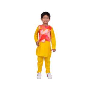 Boys XL Full Sleeves Cotton Kurta-<b>Pyjama</b>-Jacket Yellow & Coral All-Over Printed - Product Image 1
