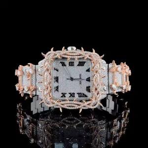 Reloj de pulsera de lujo con diamantes cuadrados, esfera con números romanos, bisel de oro rosa con incrustaciones de diamantes, para hombre y mujer - Product Image 1