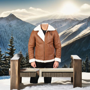 Blouson aviateur en sherpa pour homme personnalisable, en cuir véritable, doublure en fausse fourrure de mouton, respirant, coupe-vent, fermeture éclair, col à boucle - Product Image 1