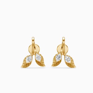 Boucles d'oreilles clous en or 9 carats jaune, blanc et rose avec deux diamants en forme de feuille de 0,18 ct, cultivés en laboratoire - Product Image 1
