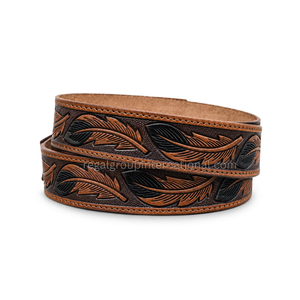 Wholesale Custom Western Style Feather Hand Tooled Grain Leather <b>Belt</b> for Men & Women High Quality Vintage Brown <b>Cowboy</b> <b>Belt</b> - Product Image 2