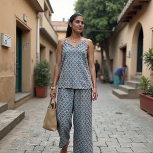 Conjunto de salón de algodón floral verde y blanco hecho a mano de Winebs con camisola de correa ancha y pijama con bolsillos para mayor comodidad - Product Image 6