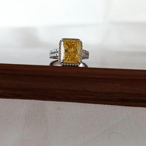 Yellow Color Geometric Diamond Halo Cubic Zirconia Engagement <b>Ring</b> Women Daily Luxury Gift - Product Image 2