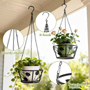 Maceta Colgante de Metal Negra con Diseño de Hojas Decorativas y Cadena, Juego de 2 Soportes Redondos para Macetas de Interior - Product Image 4