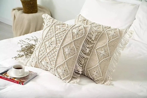 Embroidery Boho Macrame Cushion <b>Cover</b> Handmade Square <b>Throw</b> Pillow <b>Cover</b> for Bed, <b>Sofa</b>, Couch Home Décor 16x16 Inch - Product Image 2