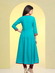 Womens Teal Cotton Slub Patch Work Angrakha Style Anarkali Kurta With V Neck <b>Three</b> Fourth Sleeves Crafted For Global Ethnic Wear - Product Image 3