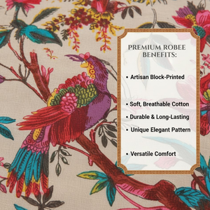 Kimono artisanal en coton à motif floral pêche |   Robe de chambre à manches longues et col en V pour femme |   Robe de chambre longue de haute qualité, un chef-d'œuvre - Product Image 4