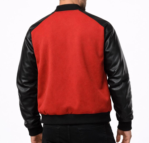 Men's <b>Red</b> <b>varsity</b> leather <b>Jacket</b> With <b>Black</b> Leather Sleeves Turn-down Collar Zipper Closure Casual Autumn Wear - Product Image 6