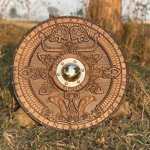 Escudo Vikingo Hecho a Mano por Ahmad Fabric, Arte Mural de 24 Pulgadas, Madera Contrachapada, Construcción de Acero al Carbono, Centro de Acero, Diseño con Runas Nórdicas - Product Image 2