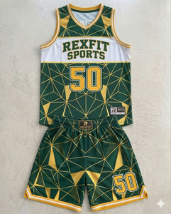 Tenues de basketball personnalisables OEM vertes avec logo et numéro, grandes tailles et caractéristiques respirantes, logo personnalisé - Product Image 2