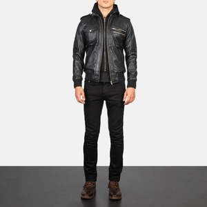 Chaqueta Bomber de Cuero Negra Personalizada para Hombre, Chaqueta de Cuero con Bolsillos Utilitarios en las Mangas, Chaqueta de Cuero Auténtico de Alta Calidad al por Mayor - Product Image 1