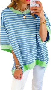 T-shirt femme à manches courtes rayé surdimensionné, multicolores, tricoté, coupe classique, toutes saisons, respirant, doux, écologique, décontracté - Product Image 5