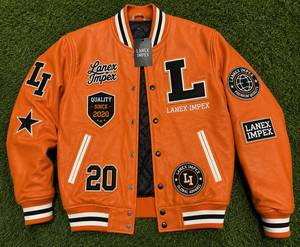 Custom Orange Varsity Letterman Jacket Men PU Leather Baseball College Jacket Embroidered Chenille Patch Bomber Jacket OEM Bulk - Product Image 6