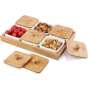 Plateau de service carré en bambou écologique classique personnalisé, bols en céramique, couvercles en bois, plateau de service multi-compartiments pour en-cas - Product Image 3