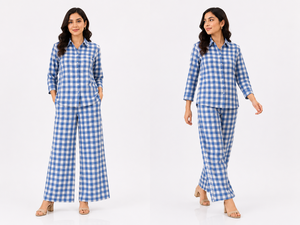 Ensemble de pyjama classique pour femme en coton écologique à carreaux, vêtements de détente de luxe, chemisier ample à boutons et pantalon large, vente en gros - Product Image 1