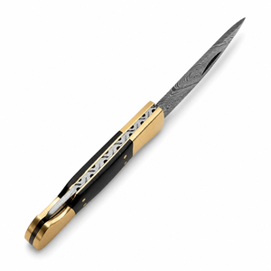 Luxury Handmade Damascus Folding Pocket <b>Knife</b> with Engraved Brass Bolster & Black Wood <b>Handle</b> OEM ODM Manufacturer - Product Image 2