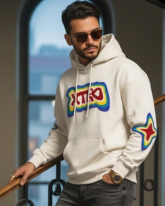 Sudadera con Capucha para Hombre, Oversize, con Estampado de Arcoíris, Estilo Urbano, de Algodón Tejido, con Bolsillo Frontal y Estrellas en las Mangas - Product Image 2