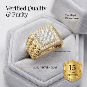 Bague Chevalière Homme en Or Jaune 18K avec Diamant Naturel, Massif et Carrée, Texture Perlée, Micro-Pavé, Style Promesse, Boss, Hip Hop, Fournisseur - Product Image 3