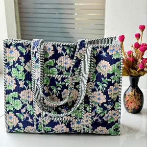 Bolso de Hombro Bohemio Acolchado de Algodón con Estampado Artesanal para Mujer, con Cierre Abierto, Lavable, Bolso de Algodón Estampado de Jaipur - Product Image 1