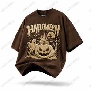 T-shirt graphique personnalisé Halloween, impression 3D en relief, motif citrouille, fantôme, château, marron, coton oversize pour hommes et femmes, streetwear - Product Image 2