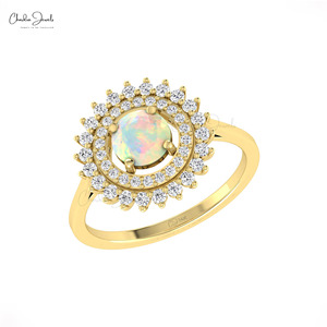 Natural 6mm Round Cut Ethiopian <b>Opal</b> Dual Halo <b>Ring</b> in 14k Solid Gold Diamond Classic Wedding <b>Ring</b> from Chordia Jewels - Product Image 3