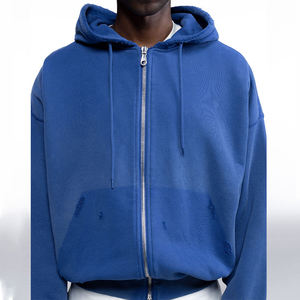 Sweat à capuche en molleton bleu délavé imprimé avec cordon de serrage et détails de poignets déchirés pour l'automne, style formel, ODM, streetwear vintage - Product Image 1
