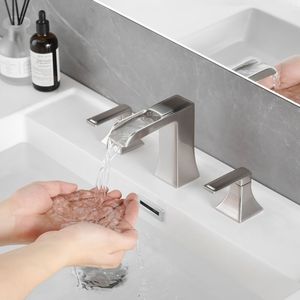 Grifo de lavabo de baño de 8 pulgadas de ancho, níquel cepillado, con desagüe de 3 orificios y doble manija, grifo de baño de 8 pulgadas de ancho - Product Image 3