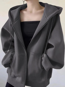Gray Pure Color Hooded Open Sweatshirt Women's Autumn Winter <b>Fleece</b> <b>Lined</b> Lazy Style Korean Version <b>Jacket</b> - Product Image 5