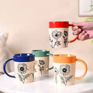 Ensemble de tasses à café en céramique florale artisanales, en grès moucheté unique avec des rebords colorés, pour la décoration de cuisine et les cadeaux - Product Image 1