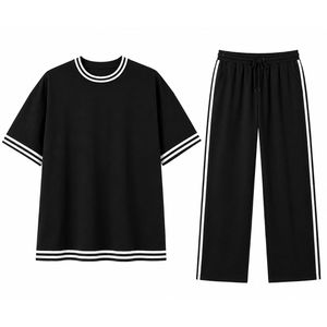 Black And <b>White</b> Women Oversized T Shirt And Wide Leg Pants Lounge <b>Set</b> Custom Casual Two <b>Piece</b> Outfit With Contrast Stripe - Product Image 3
