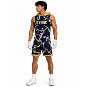 Ensemble de sport personnalisé pour hommes 7 sur 7 : Maillot à capuche sublimé, débardeur et short – Noir et rose – Tenue de match de football américain - Product Image 6